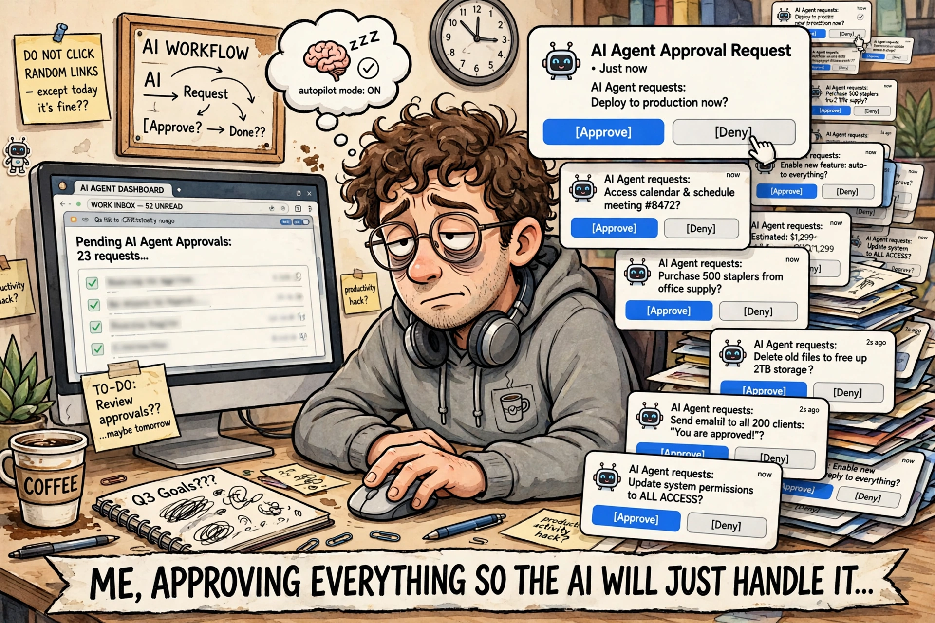 Cartoon of an exhausted person clicking approve on a flood of AI agent approval request pop-ups