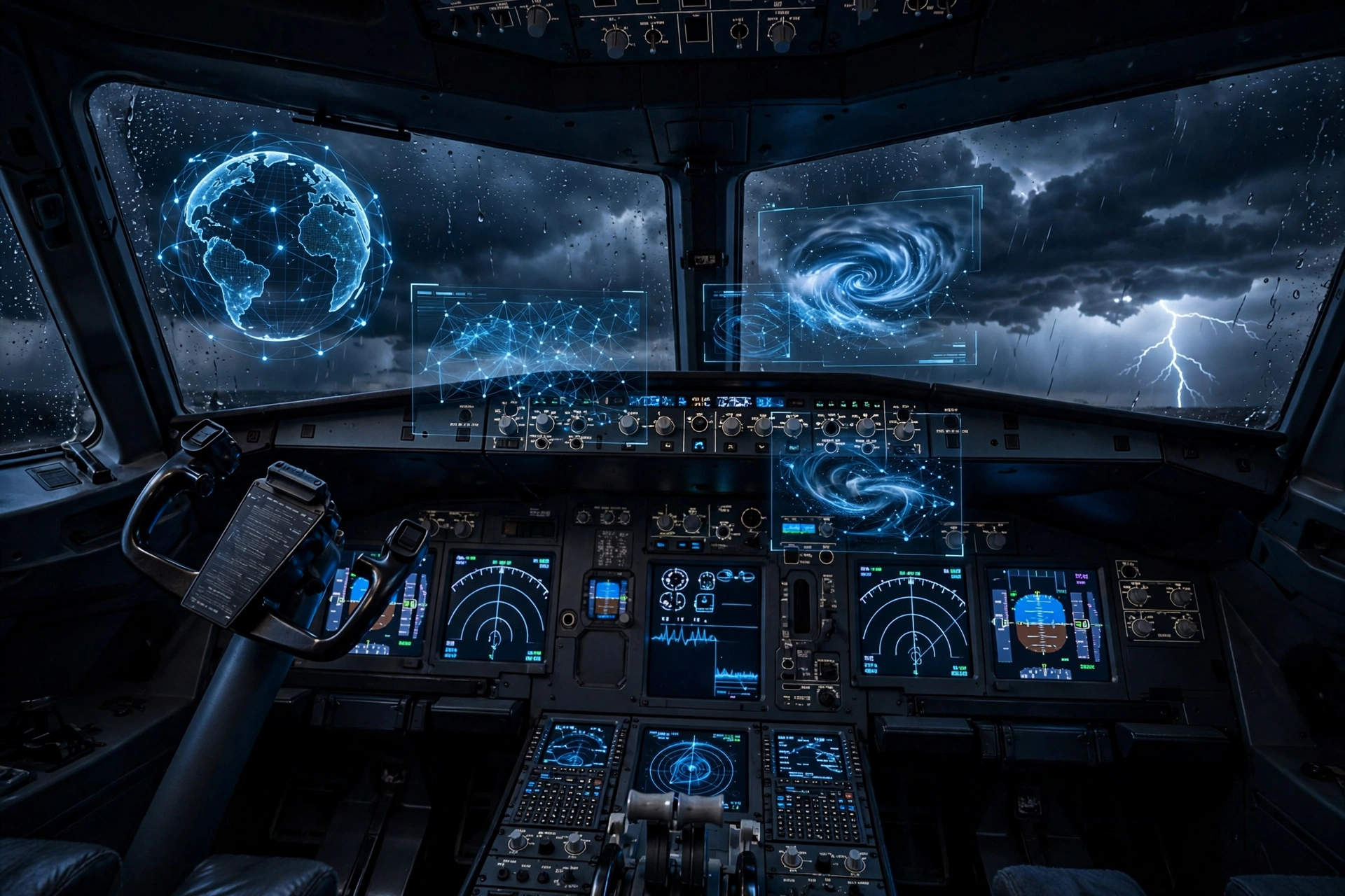 An empty airplane cockpit at night with holographic AI interfaces and storm clouds