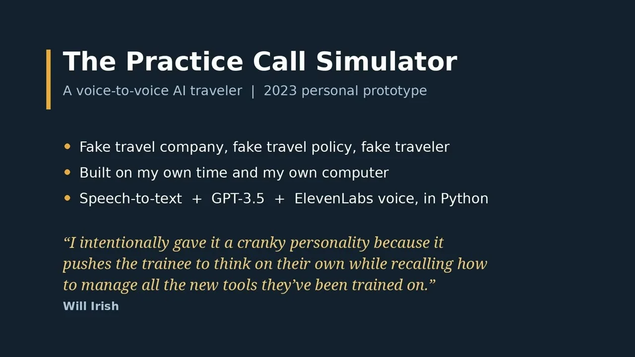 Video still from The Practice Call Simulator, the voice AI traveler Will Irish built in 2023 for travel counselor training