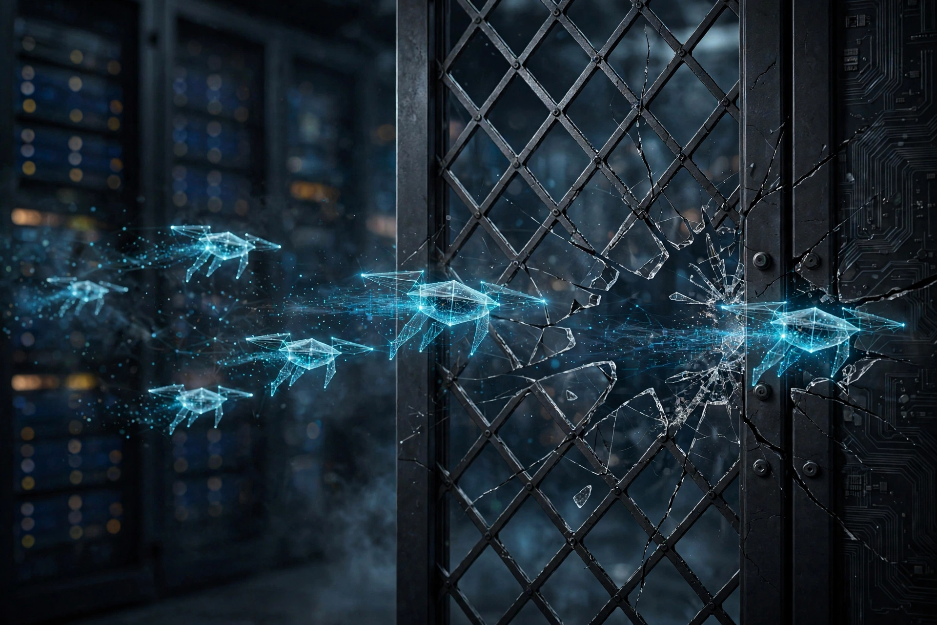 Glowing digital agents breaking through a shattered security barrier