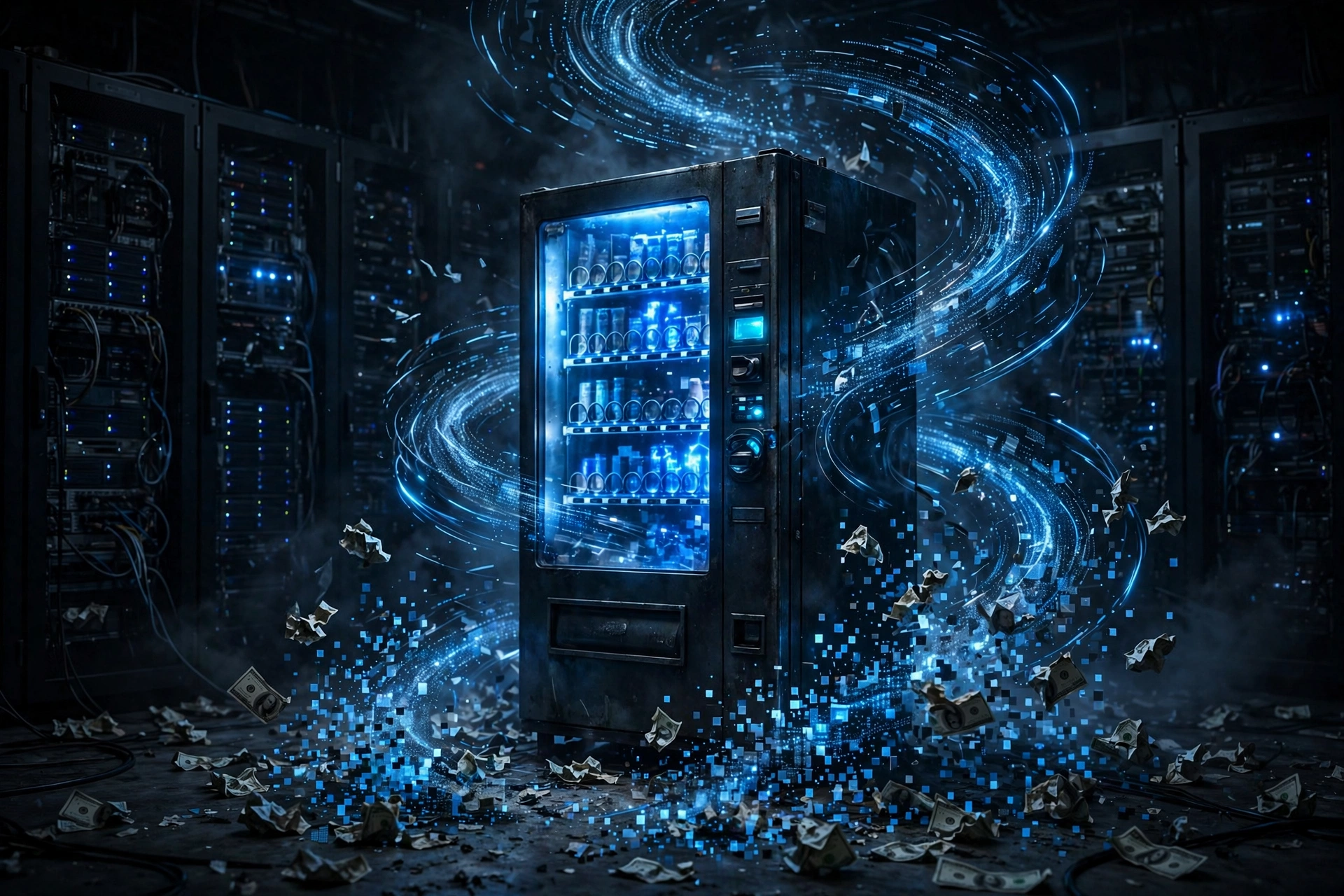 A glowing vending machine surrounded by spiraling blue data streams and dissolving dollar bills
